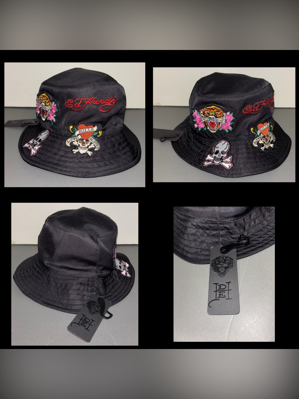 Ed Hardy Bucket Hat Tiger Skull Patch Satin Black Y2K One Size NEW!!